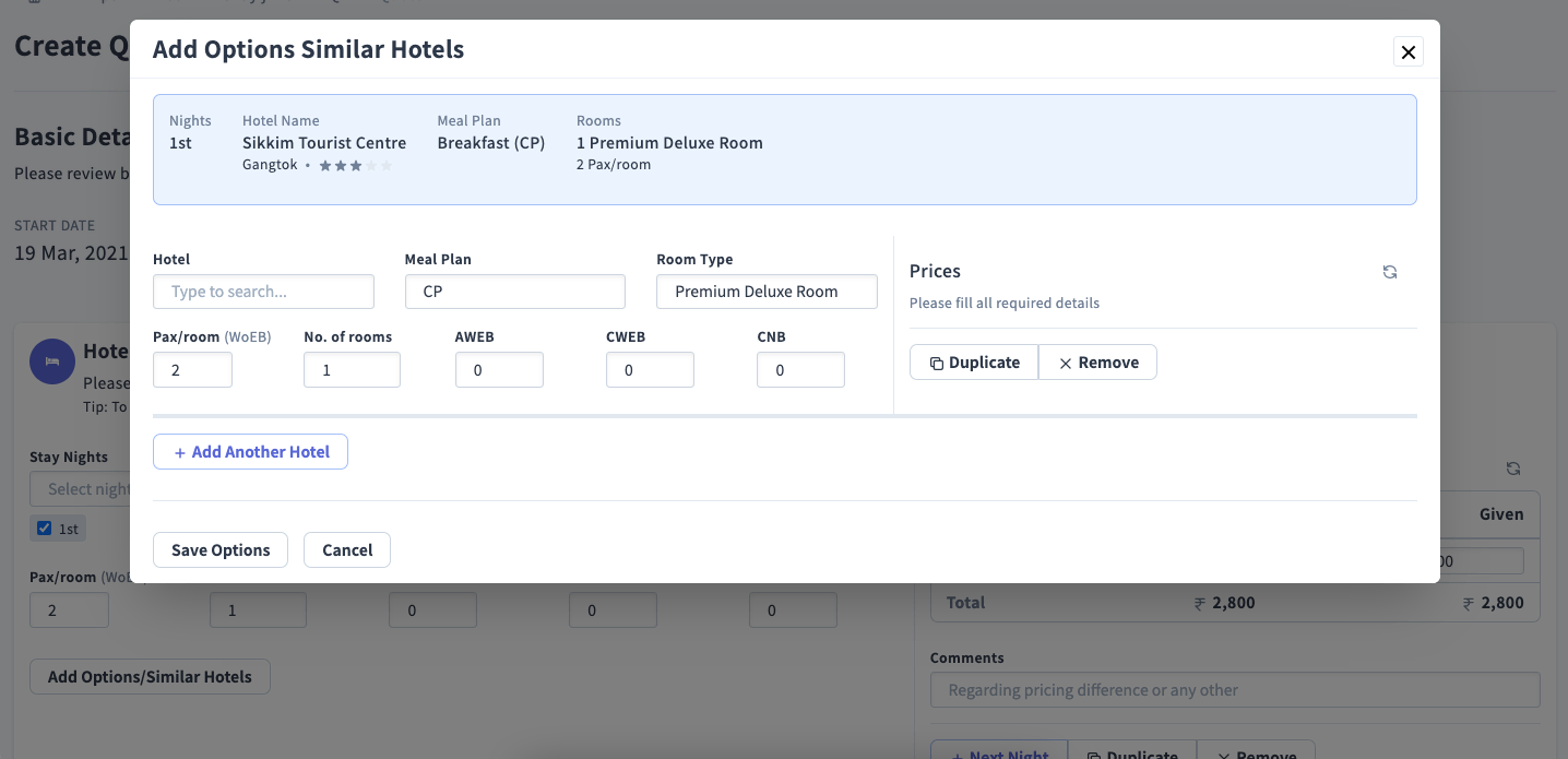 Image showing a web page where you can add hotel options