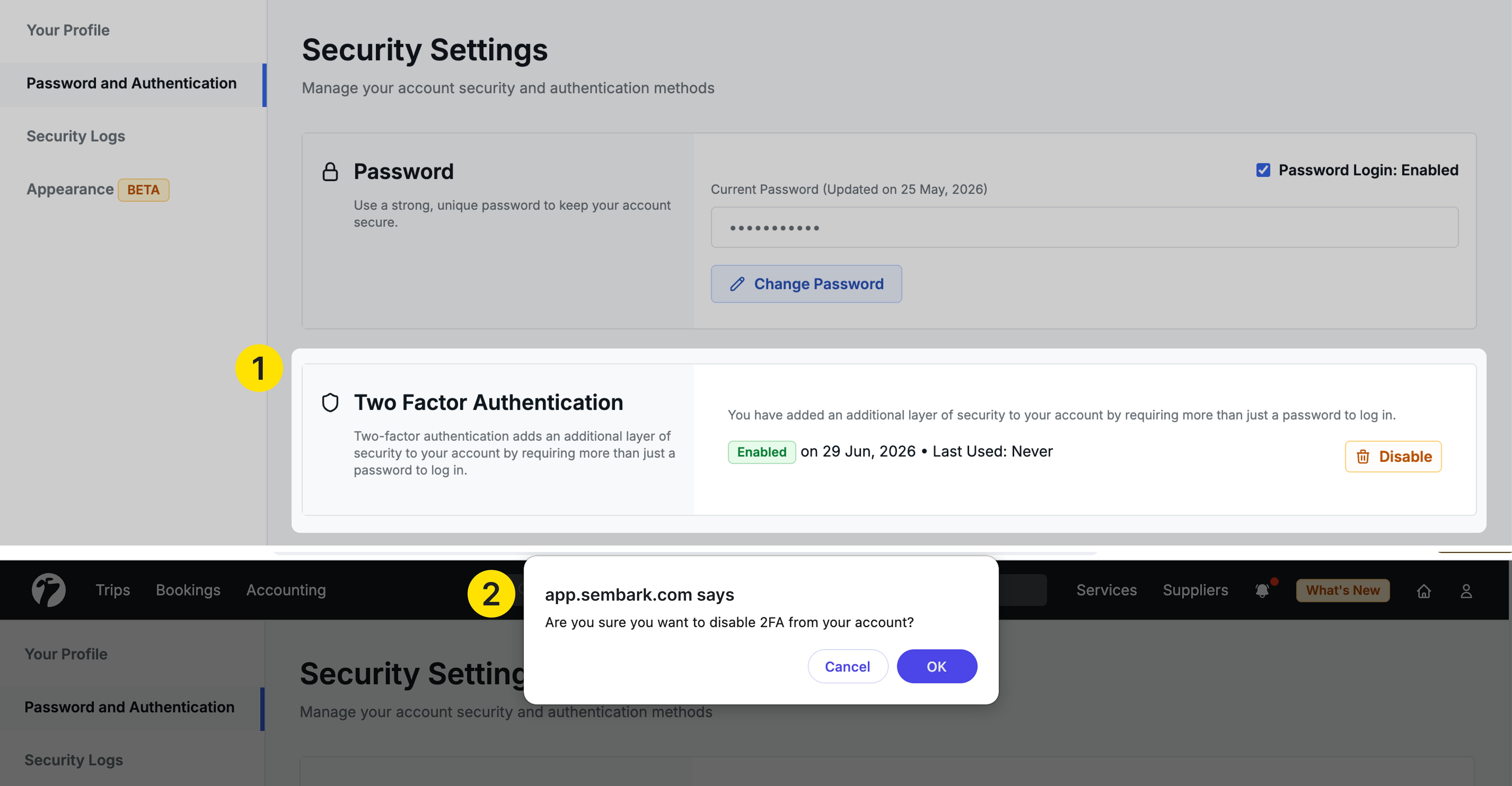 image showing the how to disable Two-Factor Authentication