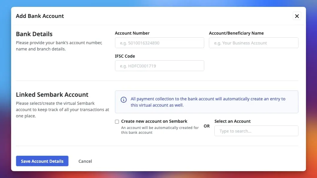 Image showing bank account addition form