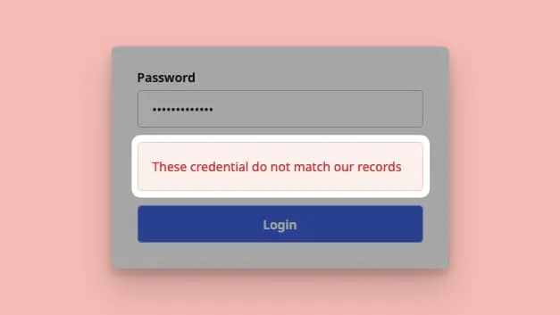 Image showing invalid credentais error message