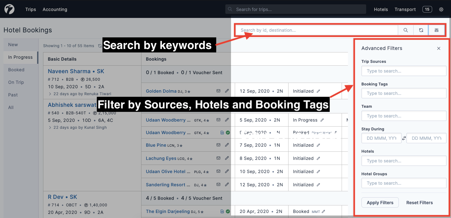 Image showing search and advanced filters on hotel bookings page