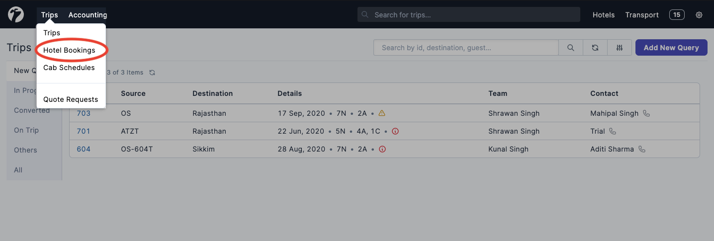 Image showing option to navigate to hotel bookings page