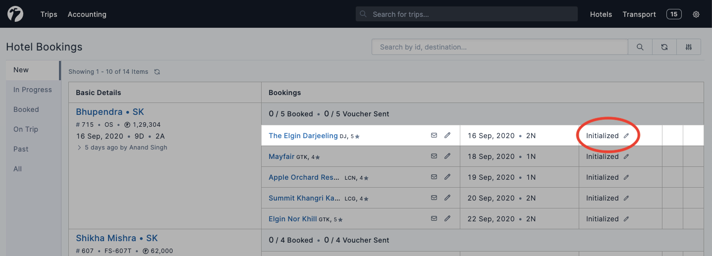 Image showing initialized hotel booking status