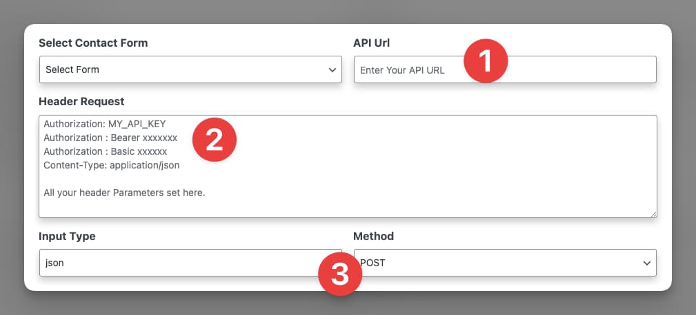 Image showing configuration for endpoint, headers, content-type and request type in CF7 to Any API
