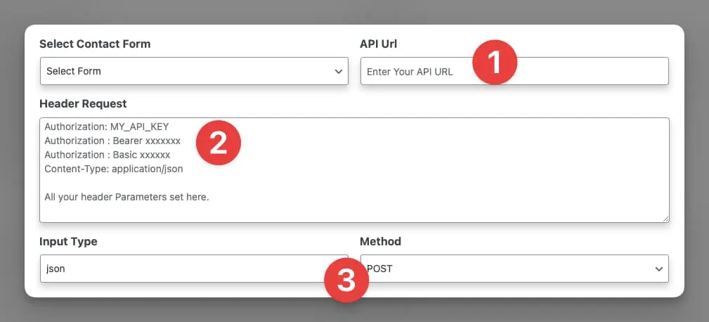 Image showing configuration for endpoint, headers, content-type and request type in CF7 to Any API