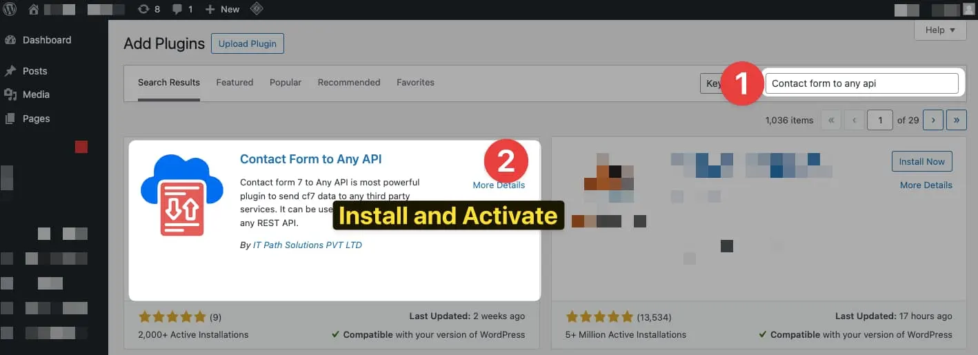 Image showing how to install and Activate the Contact Form to Any API plugin on Wordpress