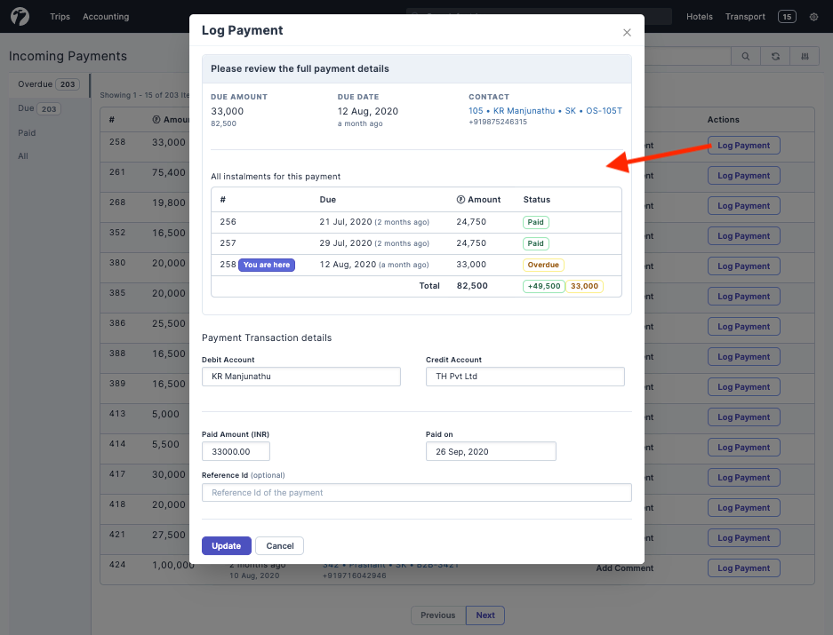 Image showing payment logging for an instalment