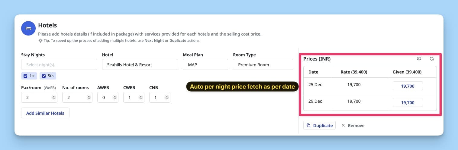 image showing hotel selection with meal plan, room type, no of rooms with extra bed and per room night price