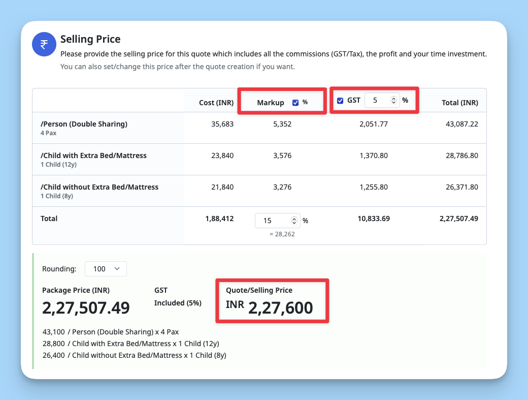 Image showing markup, get calculation and get total price