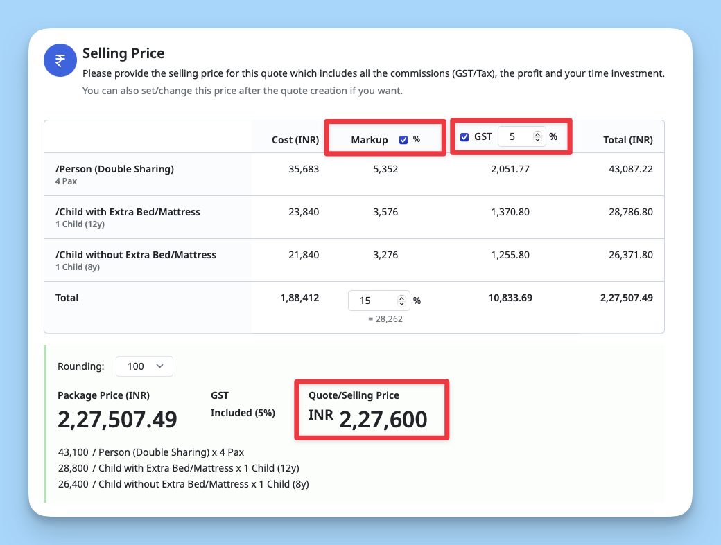 Image showing markup, get calculation and get total price