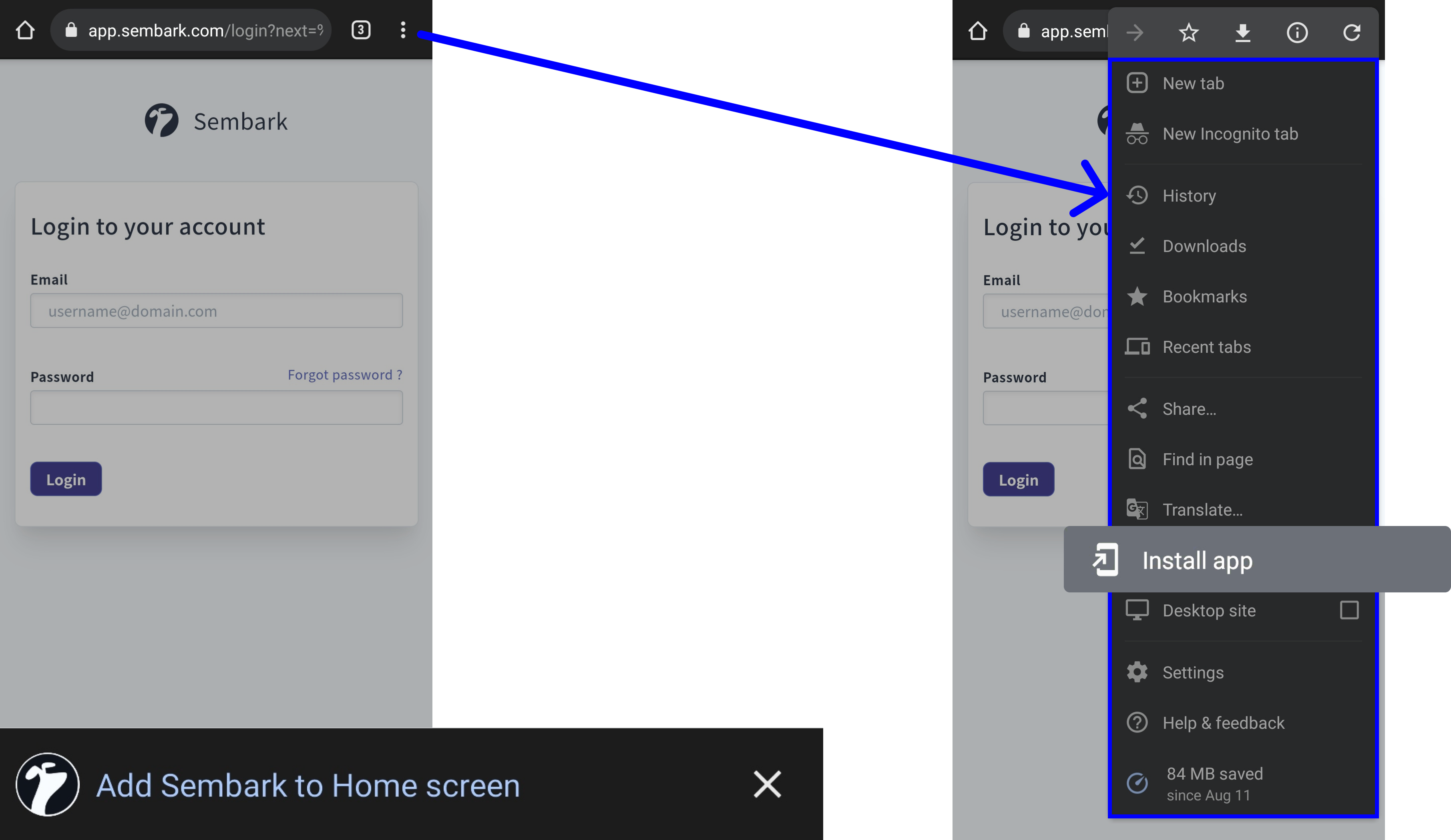 Image showing add to home screen action on Google Chrome on Android Device