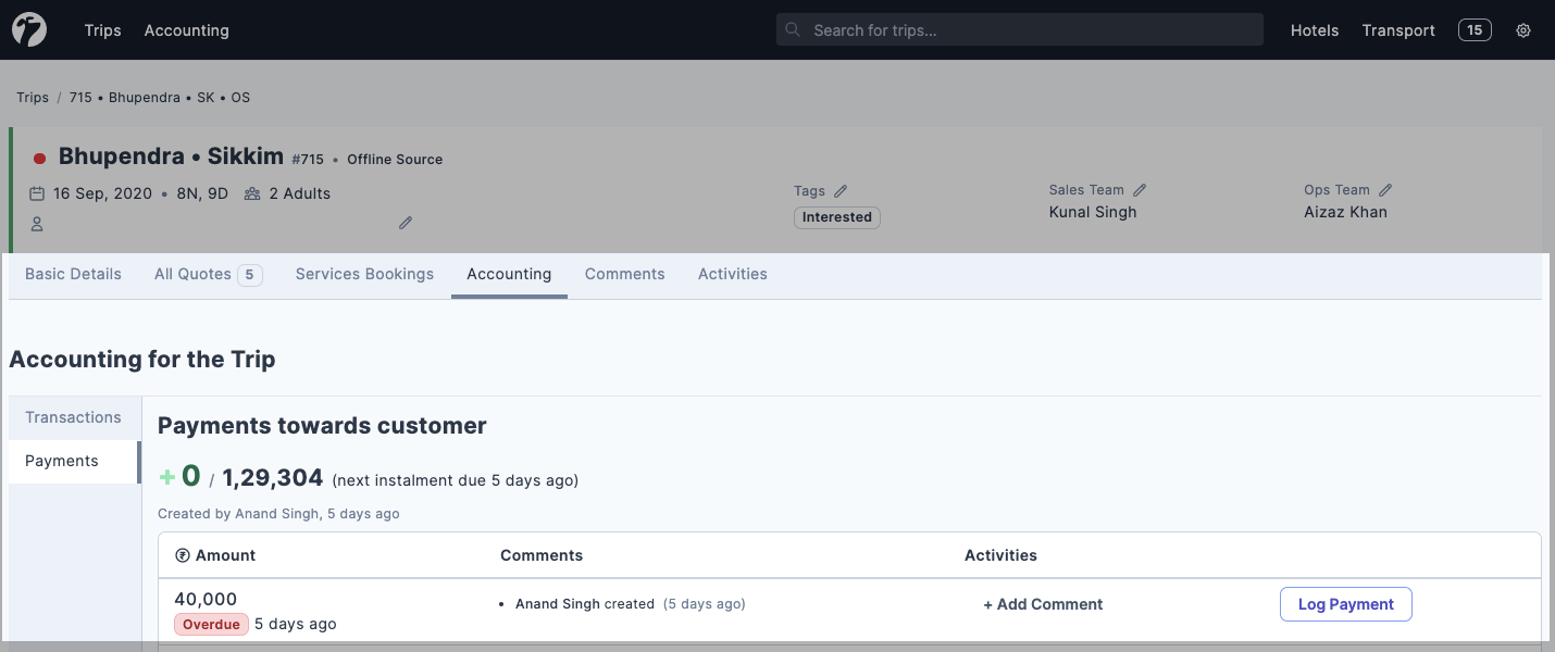 Image showing all accounting and payments for a query