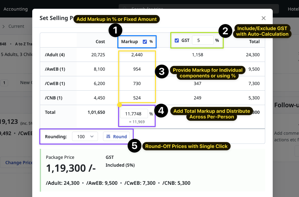 Image showing Per-Person and Total Markups for Quotes