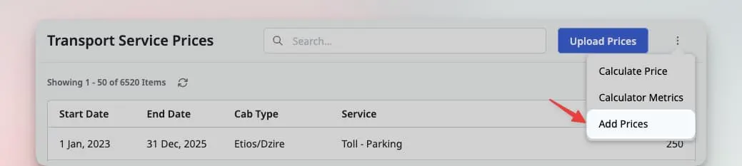 Image showing navigation link to add cab metric wise prices