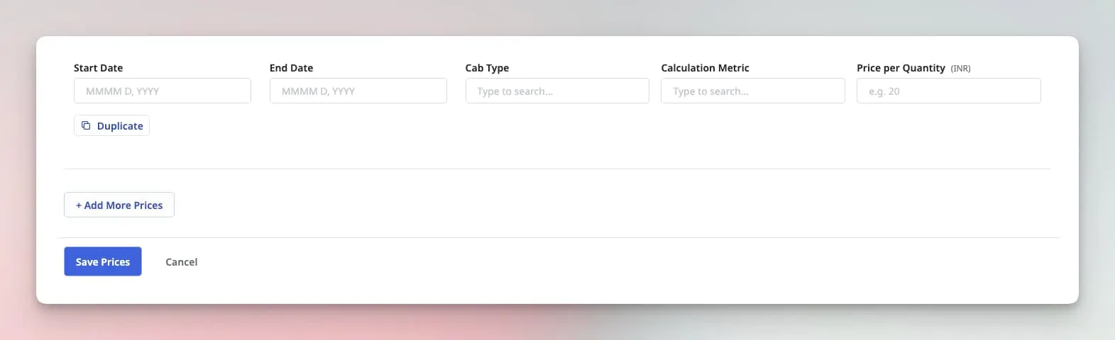 Image showing page to add cab wise metric prices