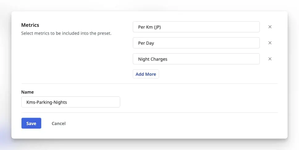 Image showing add cab price calculation metric preset page