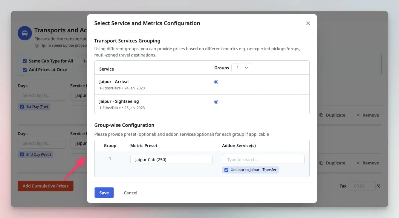 Image showing form to select configuration and grouping for cab price calculator