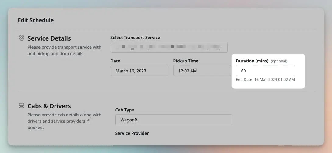 Image showing duration field in Cab Schedules