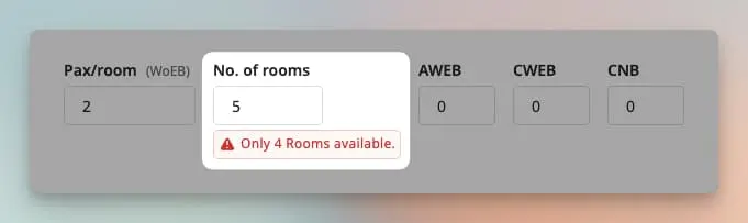 Image showing warning in hotels during quote creation when quantity exceeds available number of room