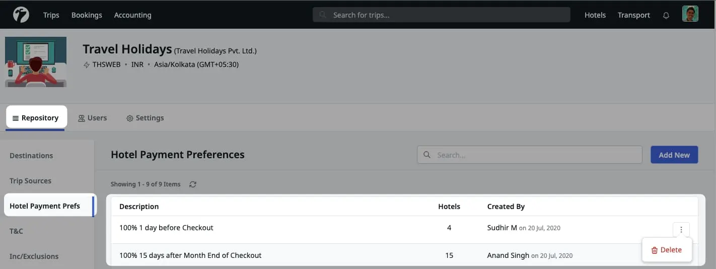 Image showing hotel payment preference deletion action