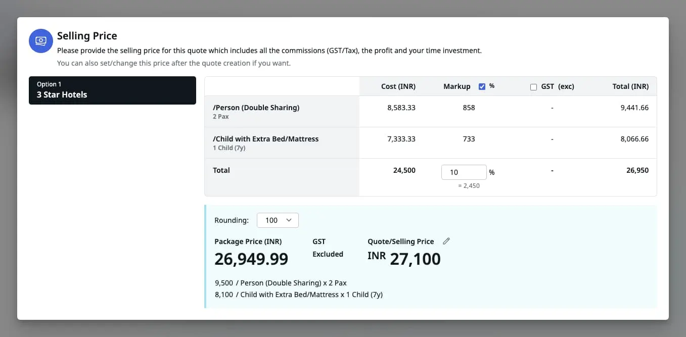 Image showing option-wise selling prices