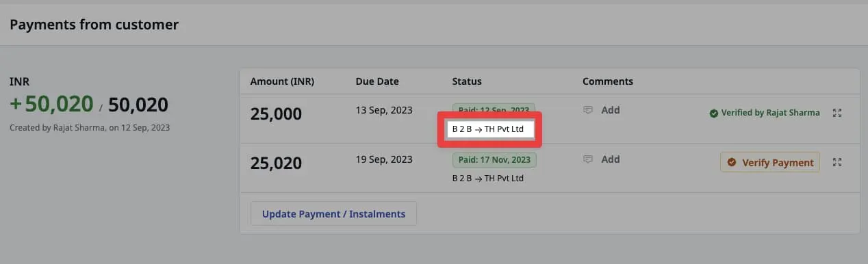 Image showing debit and credit accounts on Trip's Payments page.