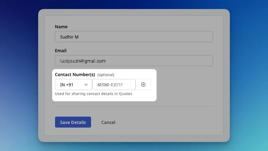 Image showing user edit form with contact numbers