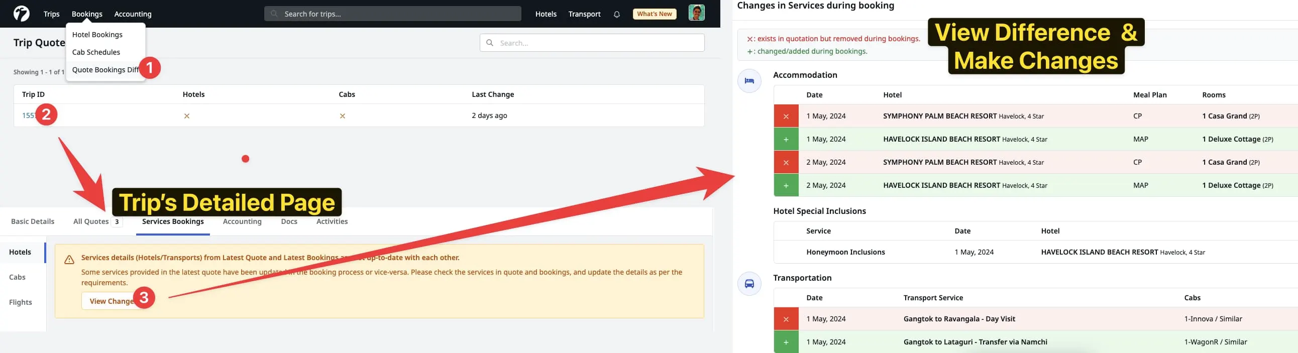 Image showing list of trips with difference between quoted and booked services