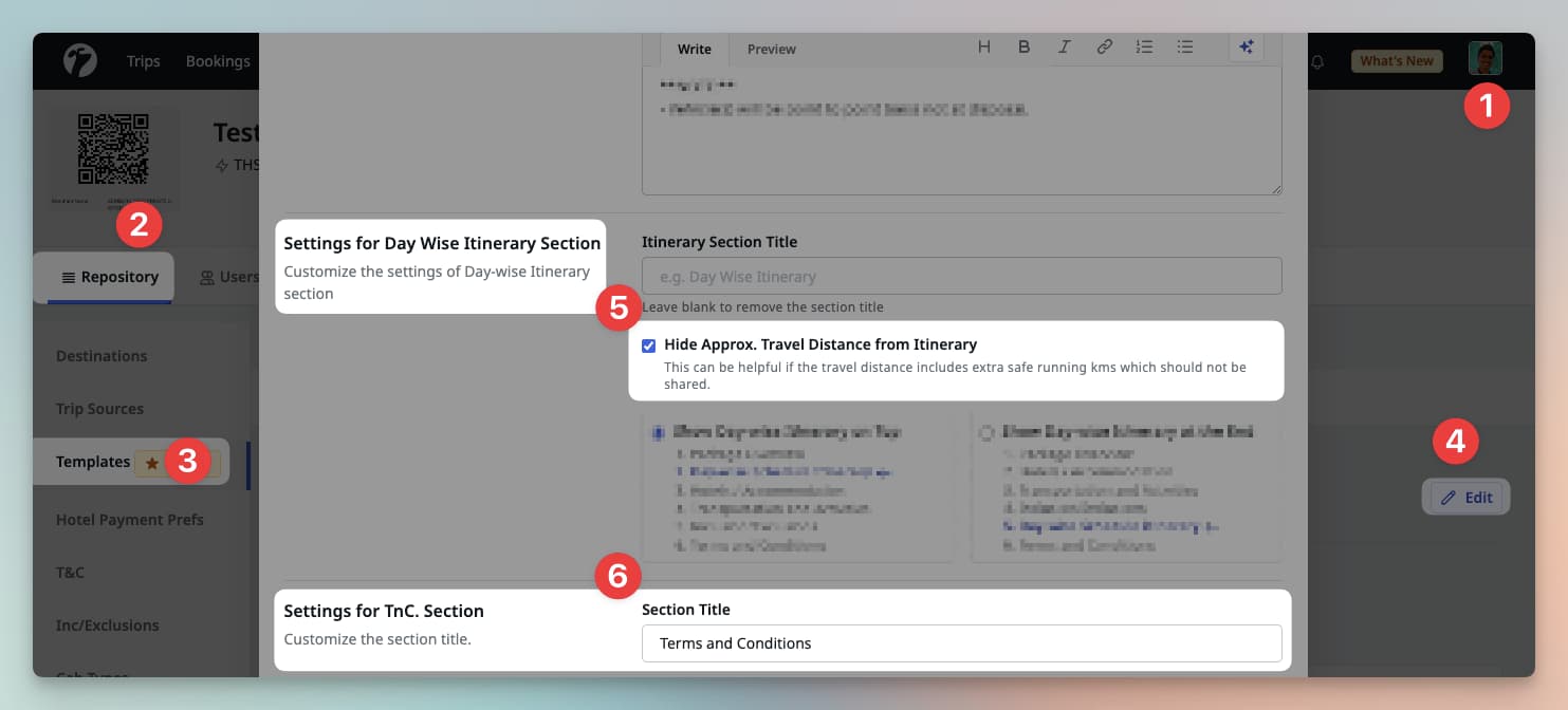 Image showing customization of Quote Templates for Travel Distance visibility and TnC section title