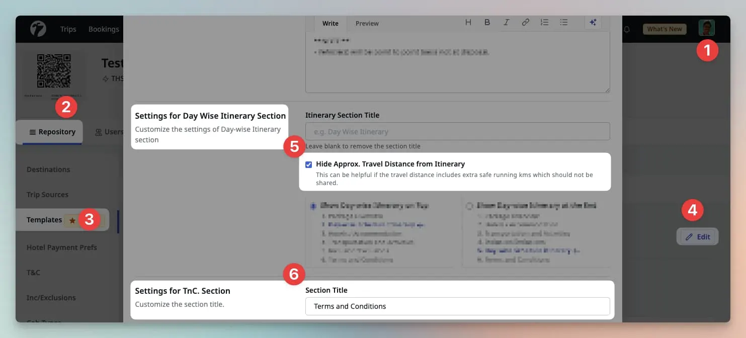 Image showing customization of Quote Templates for Travel Distance visibility and TnC section title