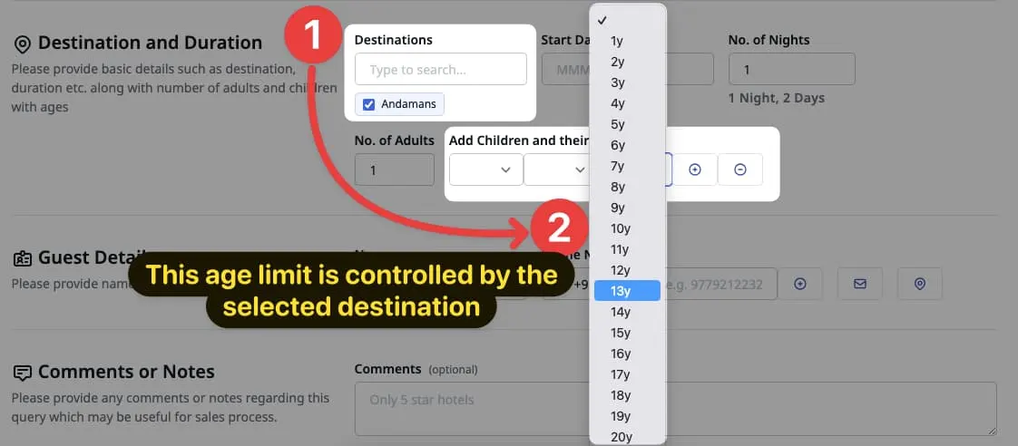 Image showing child age selection menu during query creation page to highlight the maximum child age configuration for destination