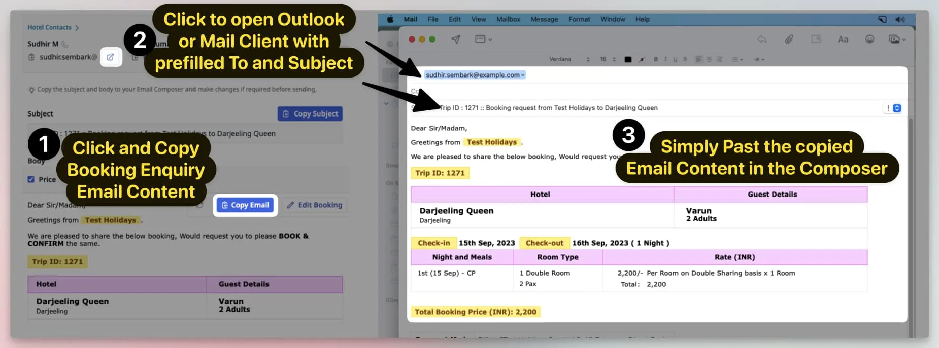 Image showing process to copy the email content and clicking on open email click button on hotel booking email