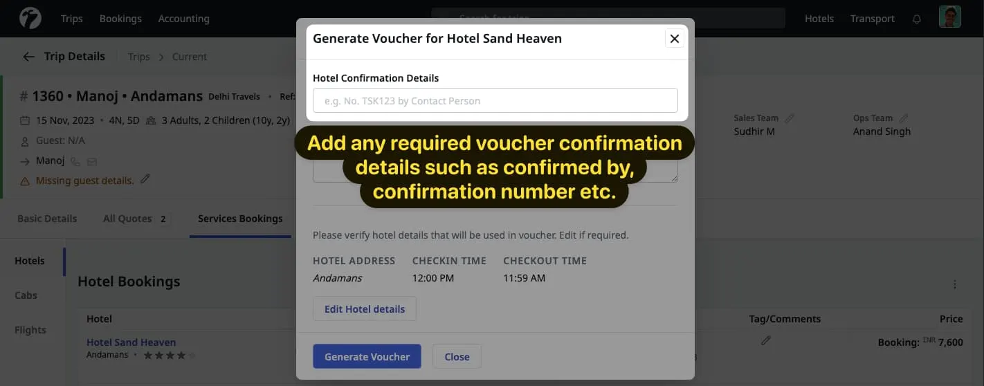 Image showing hotel voucher confirmation details editing form during voucher generation.