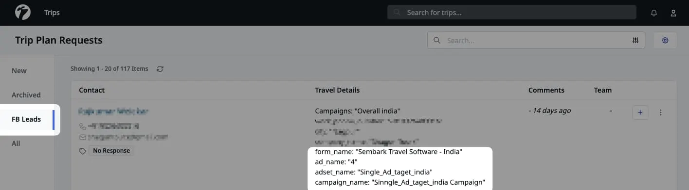 Image showing form captured field on Meta leads.