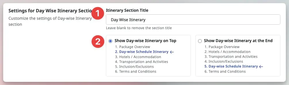 Image showing settings for Day Wise itinerary section in Quote Email/PDF Template