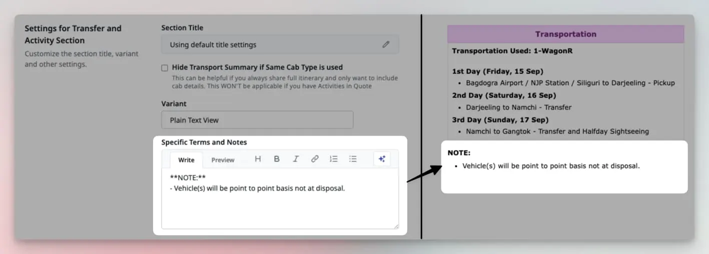 Image showing setting for special notes in Transportation and Activities section and a preview of how they would look in Quote Email