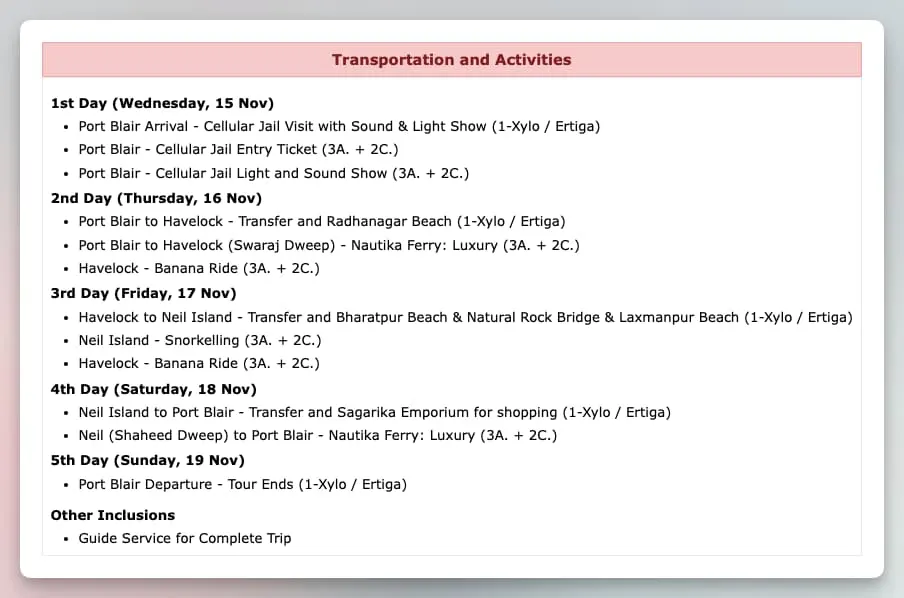 Image showing plain text variant for Transportation and Activities section