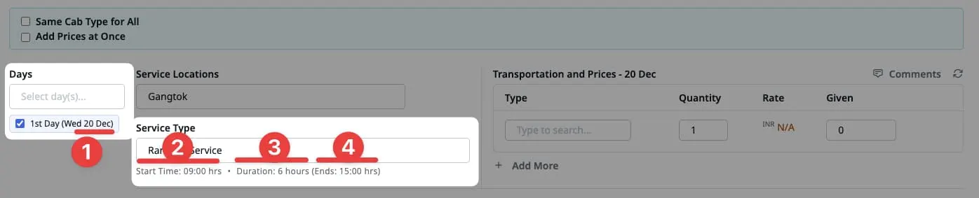 Image showing Date, Start/End Time and Duration on Transport Service Selection during Quotation