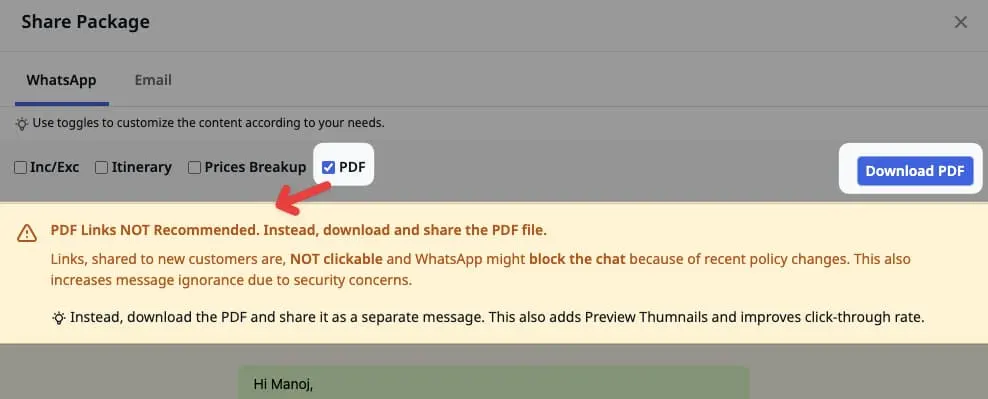 Image showing recommendation for quote WhatsApp sharing with PDF.