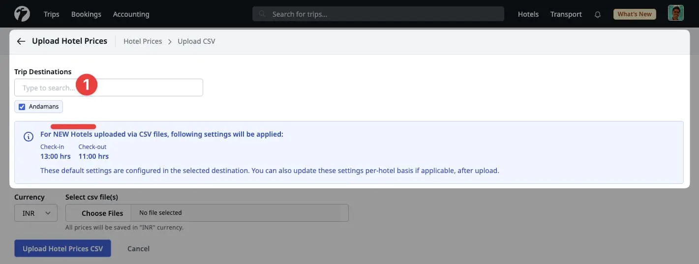 Image showing Trip's Destinations check-in/out settings during hotel's price upload