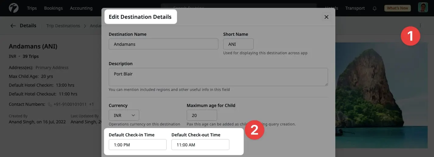 Image showing check-in and check-out setting on Trip Destination Editing Page