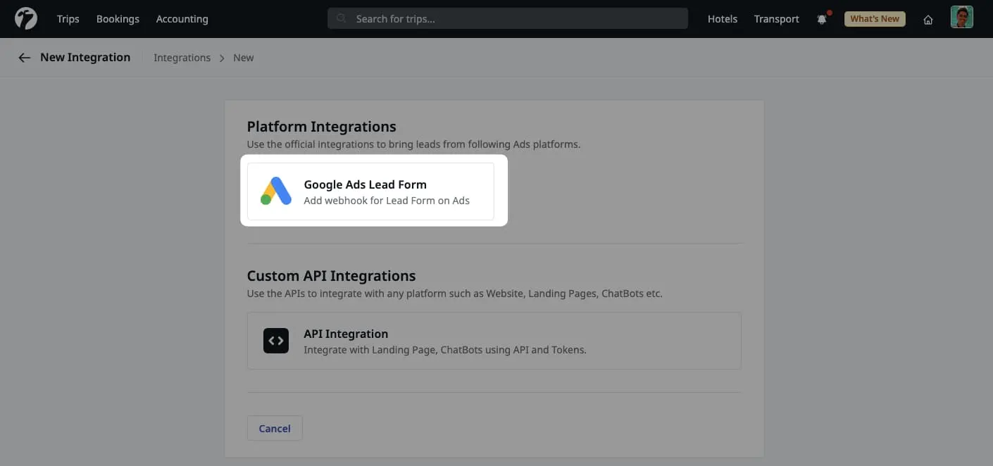 Image showing Google Ads Leads Form Integration option on Integrations page.