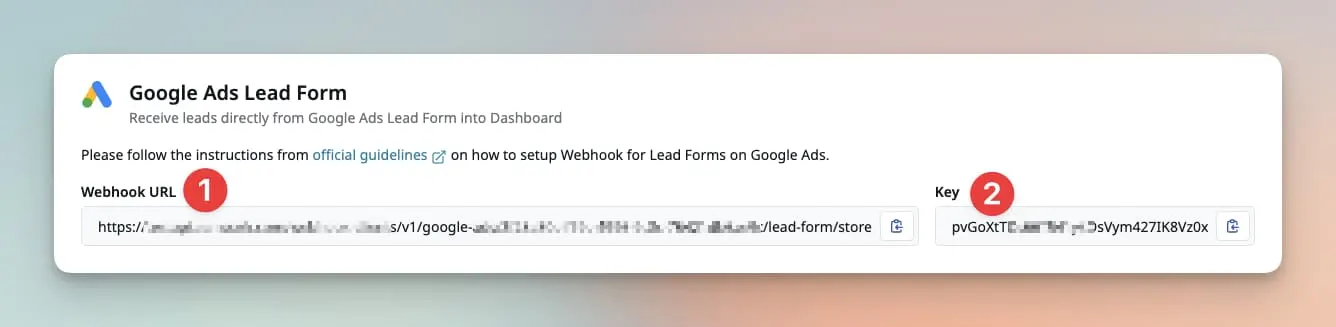 Image showing credentials for Webhook integration of Google Ads Lead Forms.