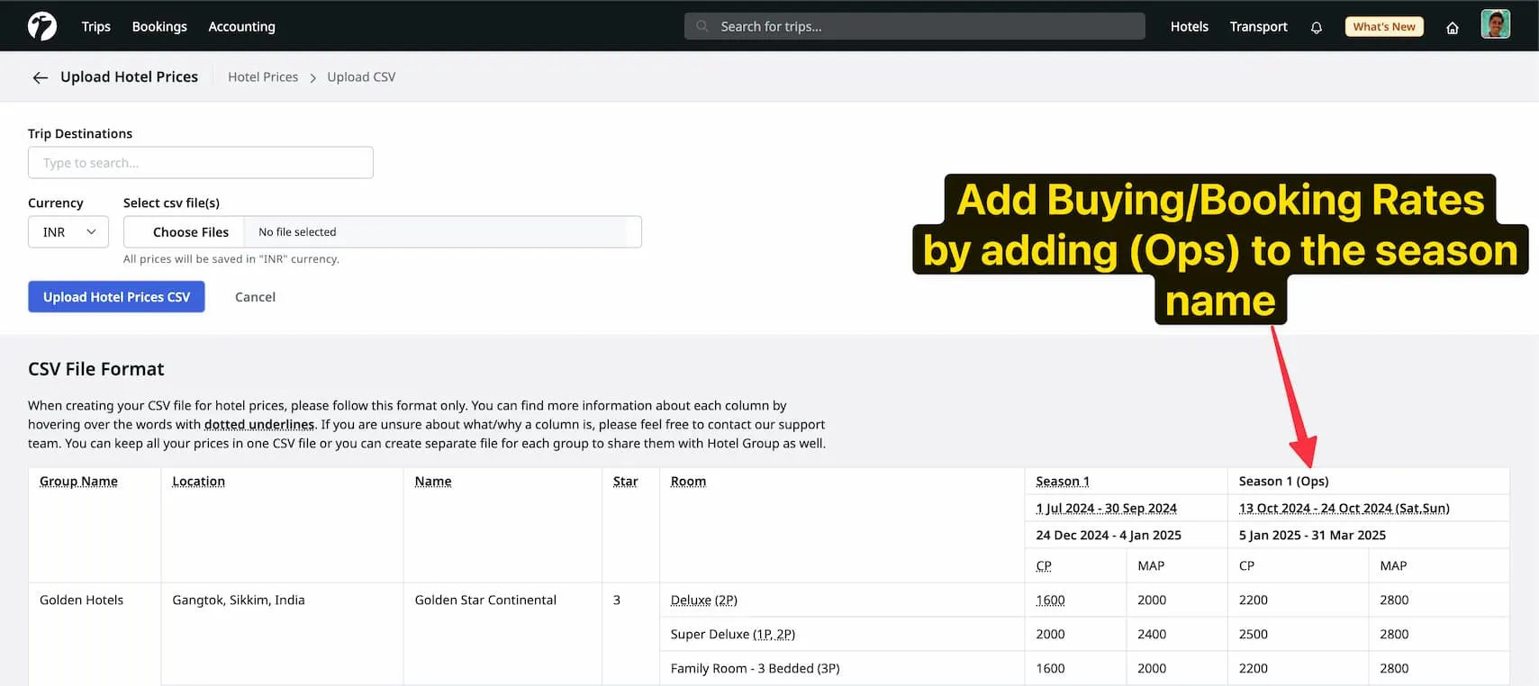 Image showing format for booking rates uploading