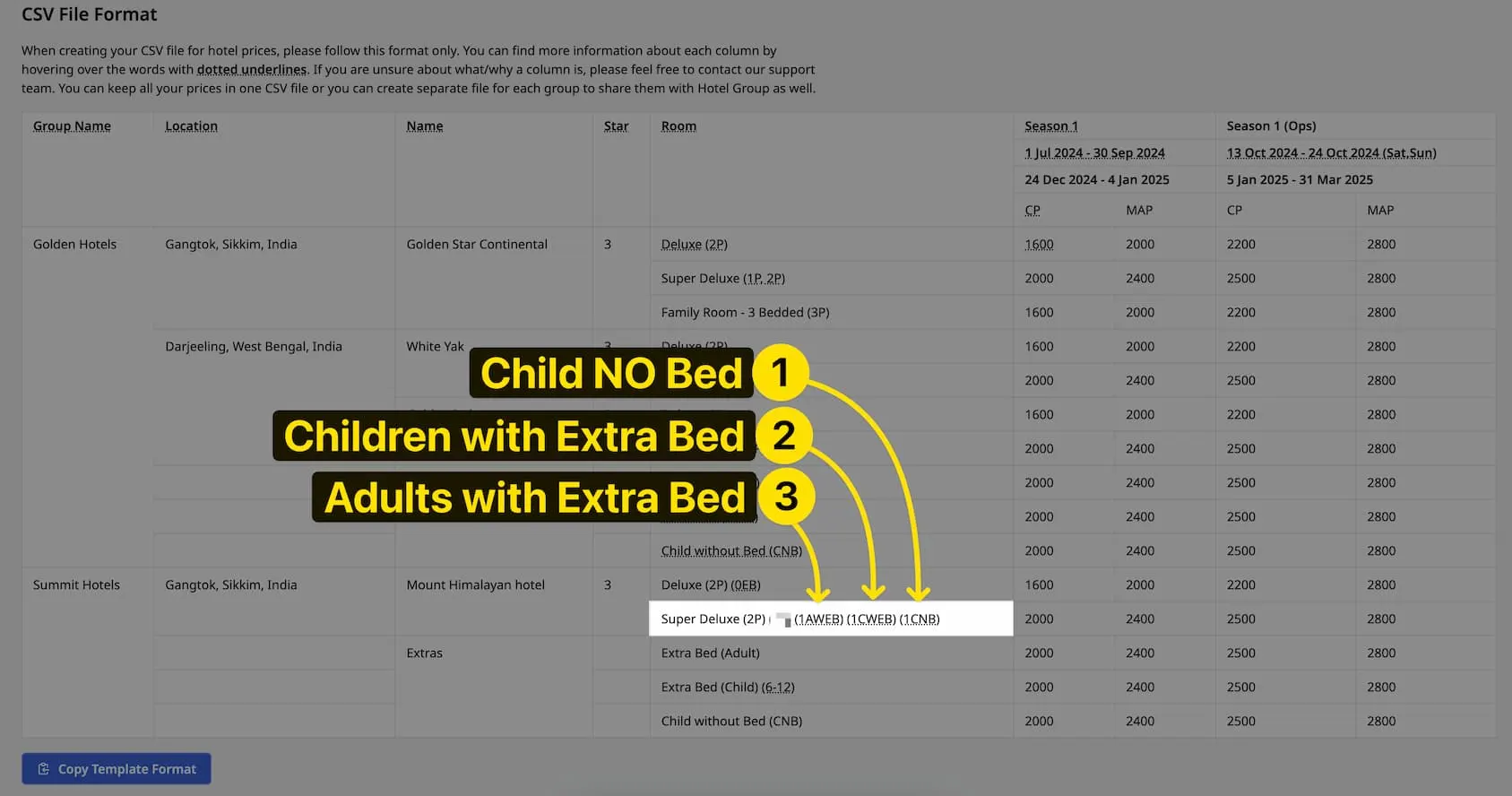 Image showing set extra beds configuration in hotel rates sheet