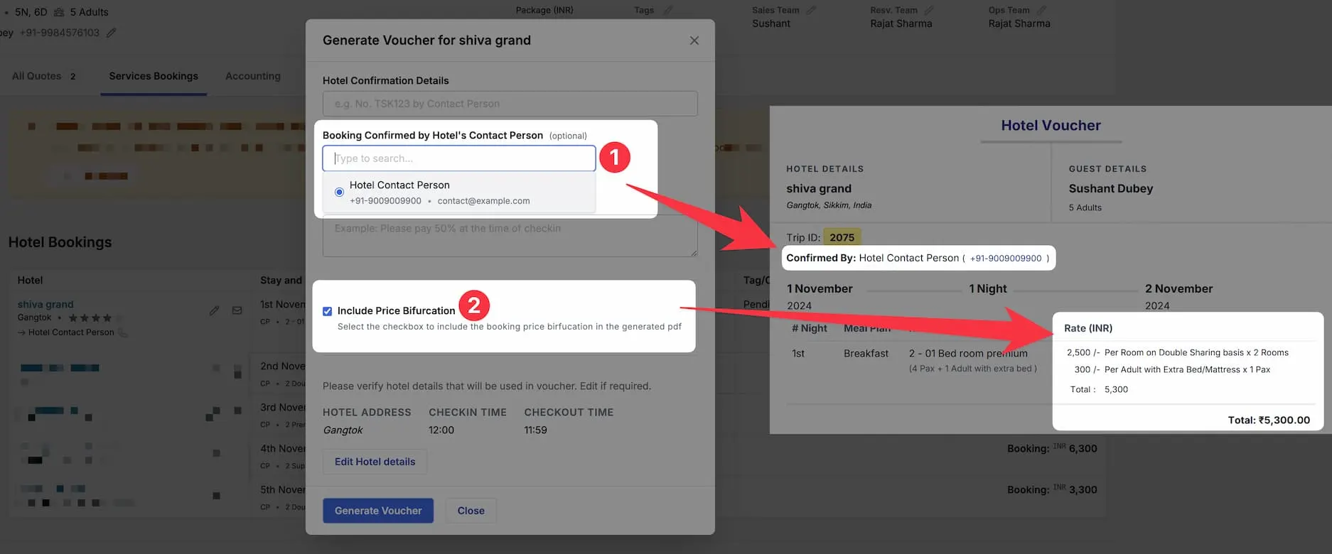 Image showing options to selected the hotel's poc and price inclusion in voucher generation