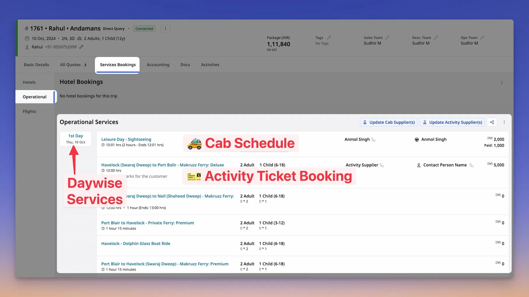 Image of a Trip's detailed page with activity bookings