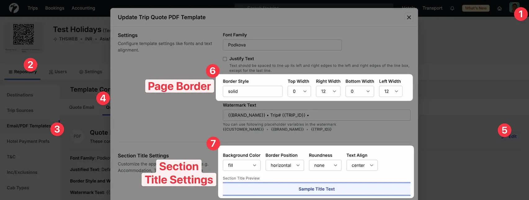 Image showing page border and section title settings of Quote PDF