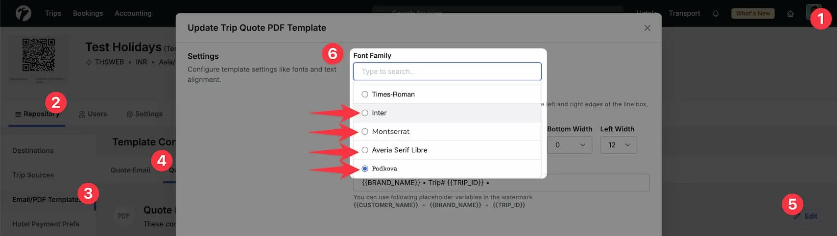 Image showing fonts settings customization in Quote PDF Template