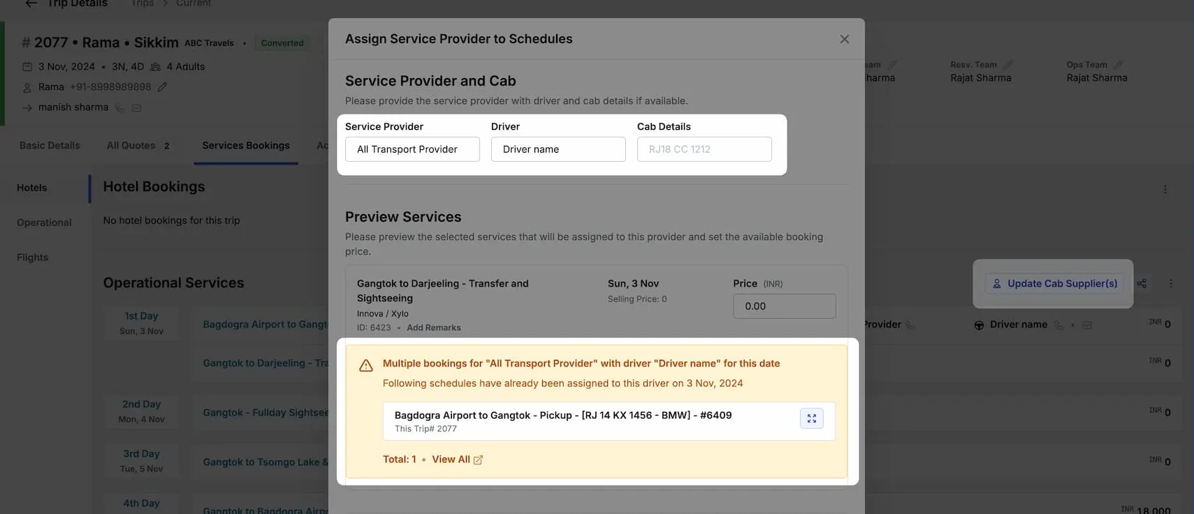 Image showing warning for driver assignment when same-day multiple bookings are assigned